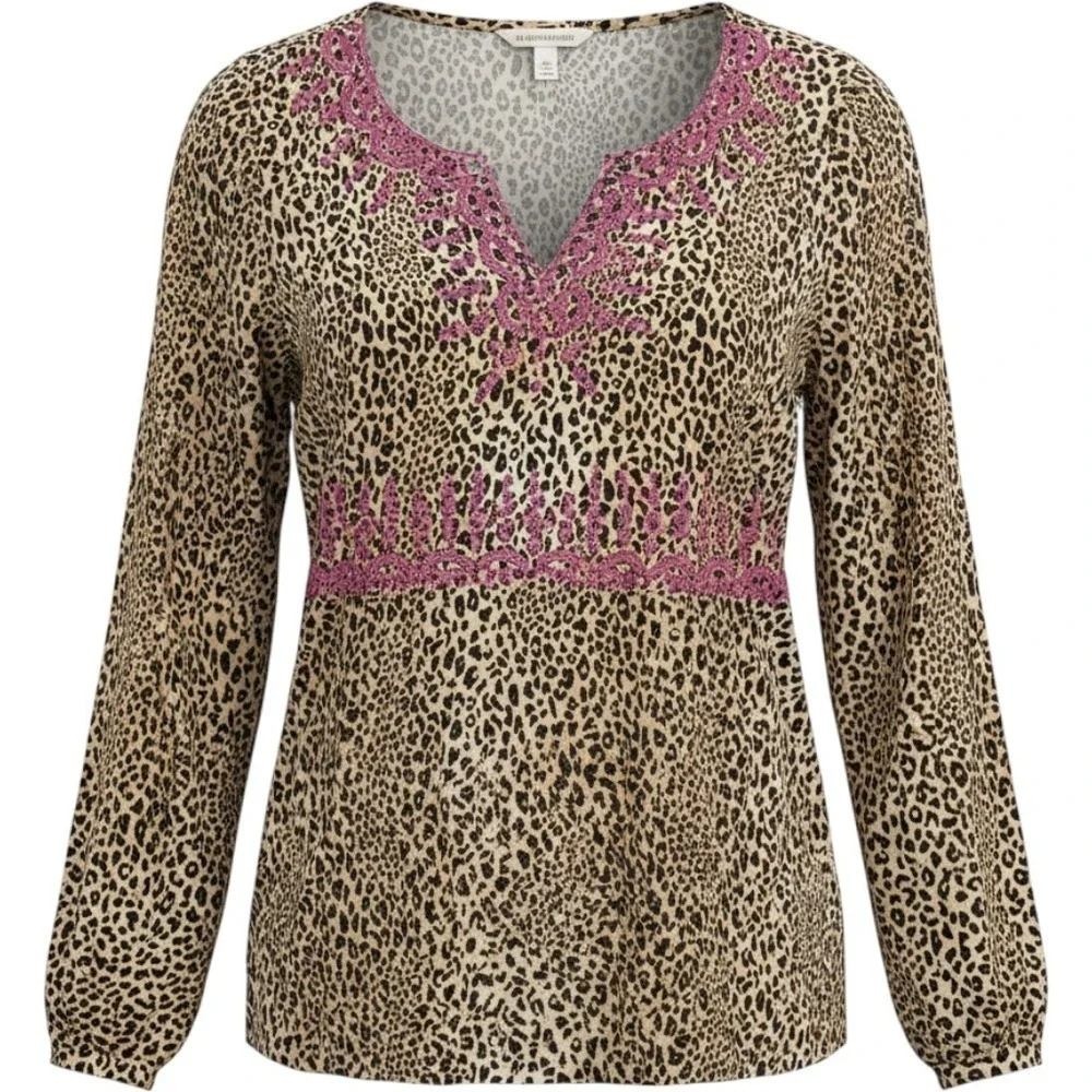 Savanna Jane Top Women's Small Cheetah Print Embroidered Tunic Bohemian Hippie‎